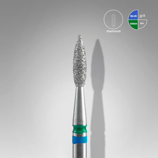 STALEKS Diamond nail drill bit DUO pointed flame blue-green EXPERT head diameter 2,1 mm / working part 8 mm